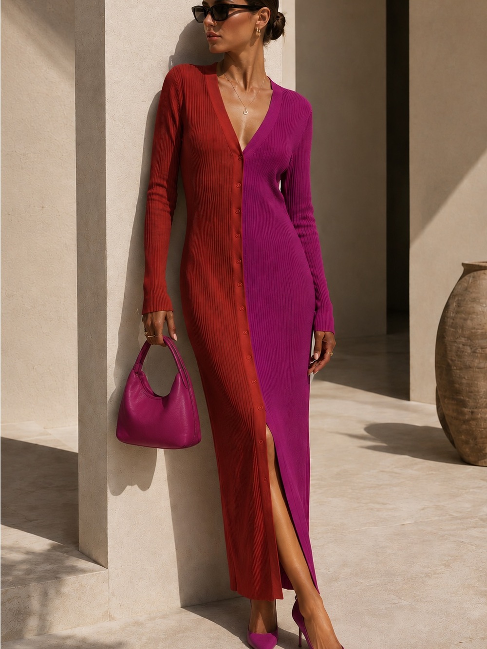 Dress Forum Colorblock Ribbed Knit Button Front Maxi Dress Red Pink Size M
